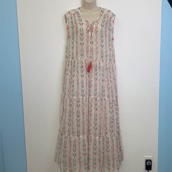 America & Beyond - Pastel Floral See Thru Maxi With Tassels Dress Size Large - Picture 2 of 11